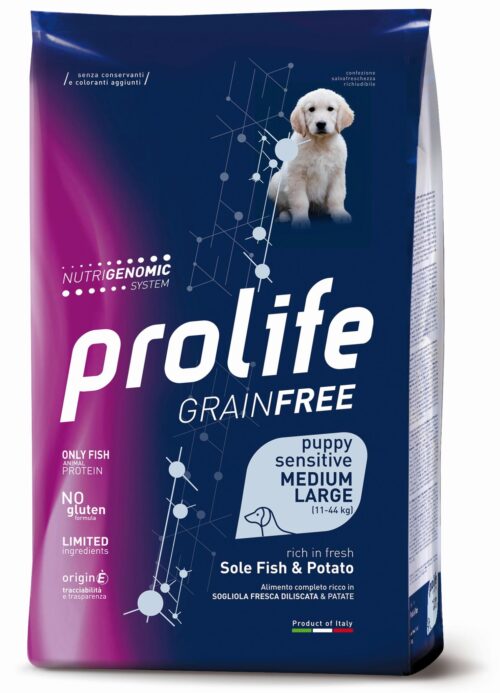 Dog Prolife Grain Free Puppy Medium/Large Sensitive Sole Fish & Potato 2,5 kg e 10 kg
