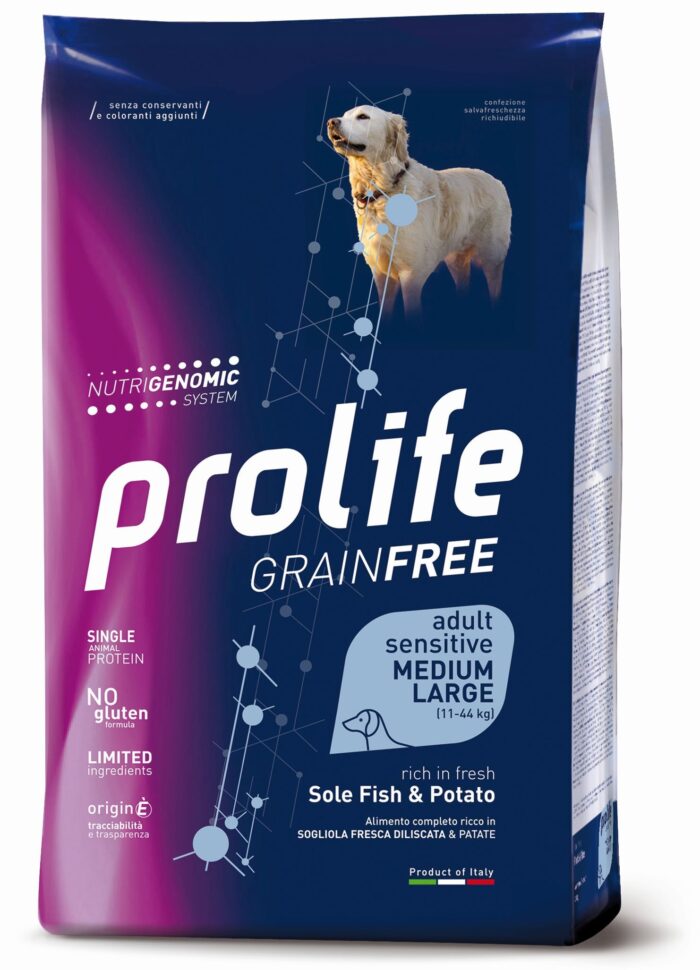 Dog Prolife Grain Free Adult Medium/Large Sensitive Sole Fish & Potato - 2,5 kg e 10 kg